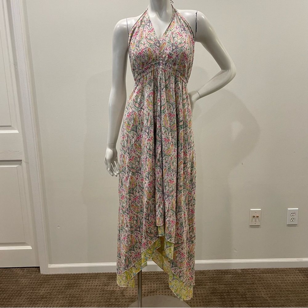 ASHA Floral Print Cotton Halter Open Back Handkerchief Hem Maxi Dress